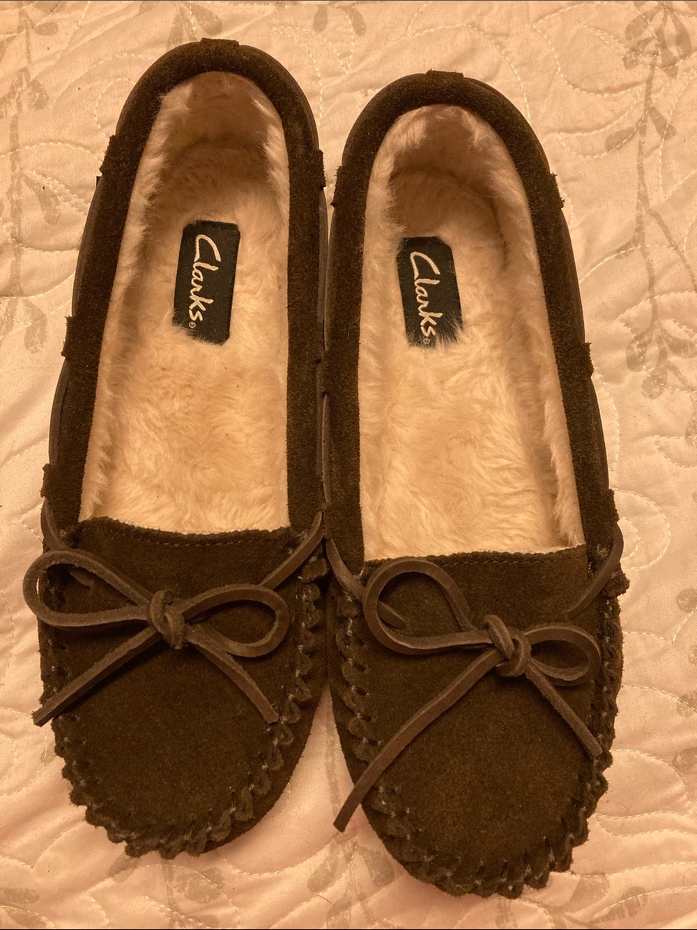 Clarks Women's Dark Brown Suede Leather Moccasins with Faux Fur